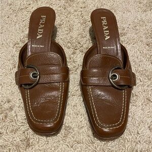 Prada Tan Leather Women's Mules with Buckle